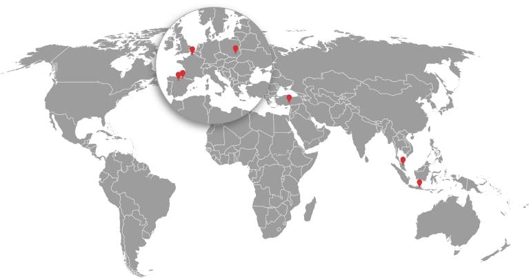 Map showing the localisation of the 7 Onduline plants 